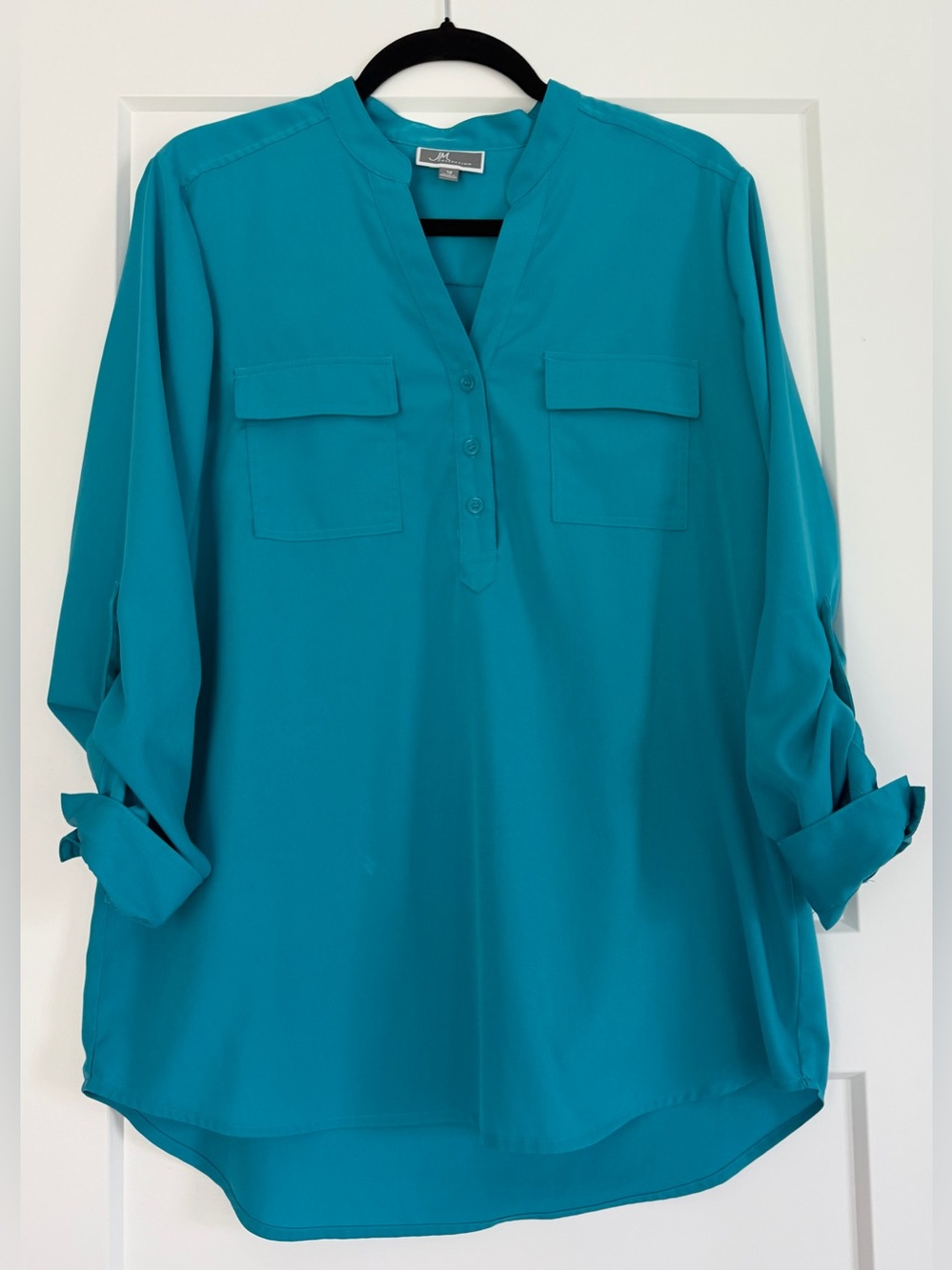 EUC‎ JM Collection Teal Roll-Sleeve Tunic Blouse, Size 12